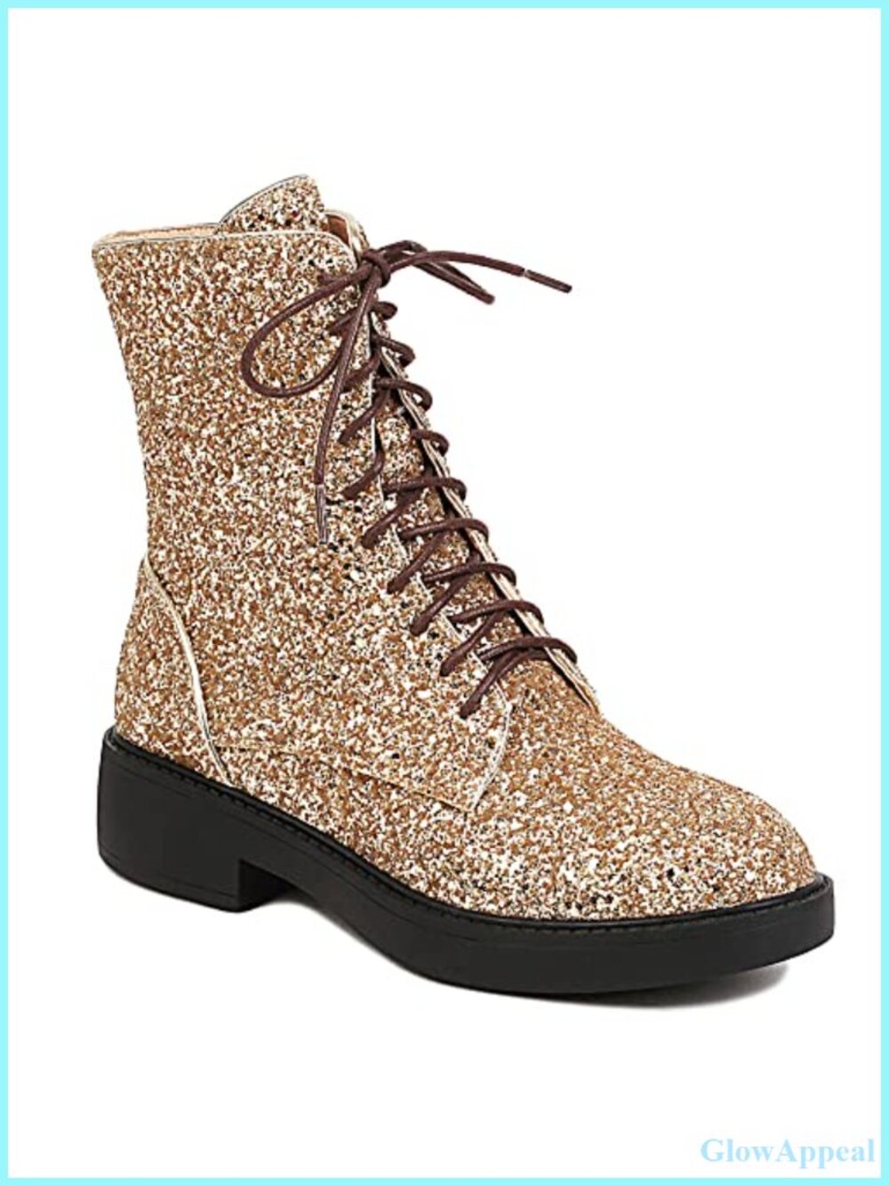 Women's Lace Up Glitter Sequin Combat Boots Round Toe Chunky Low Heel Ankle